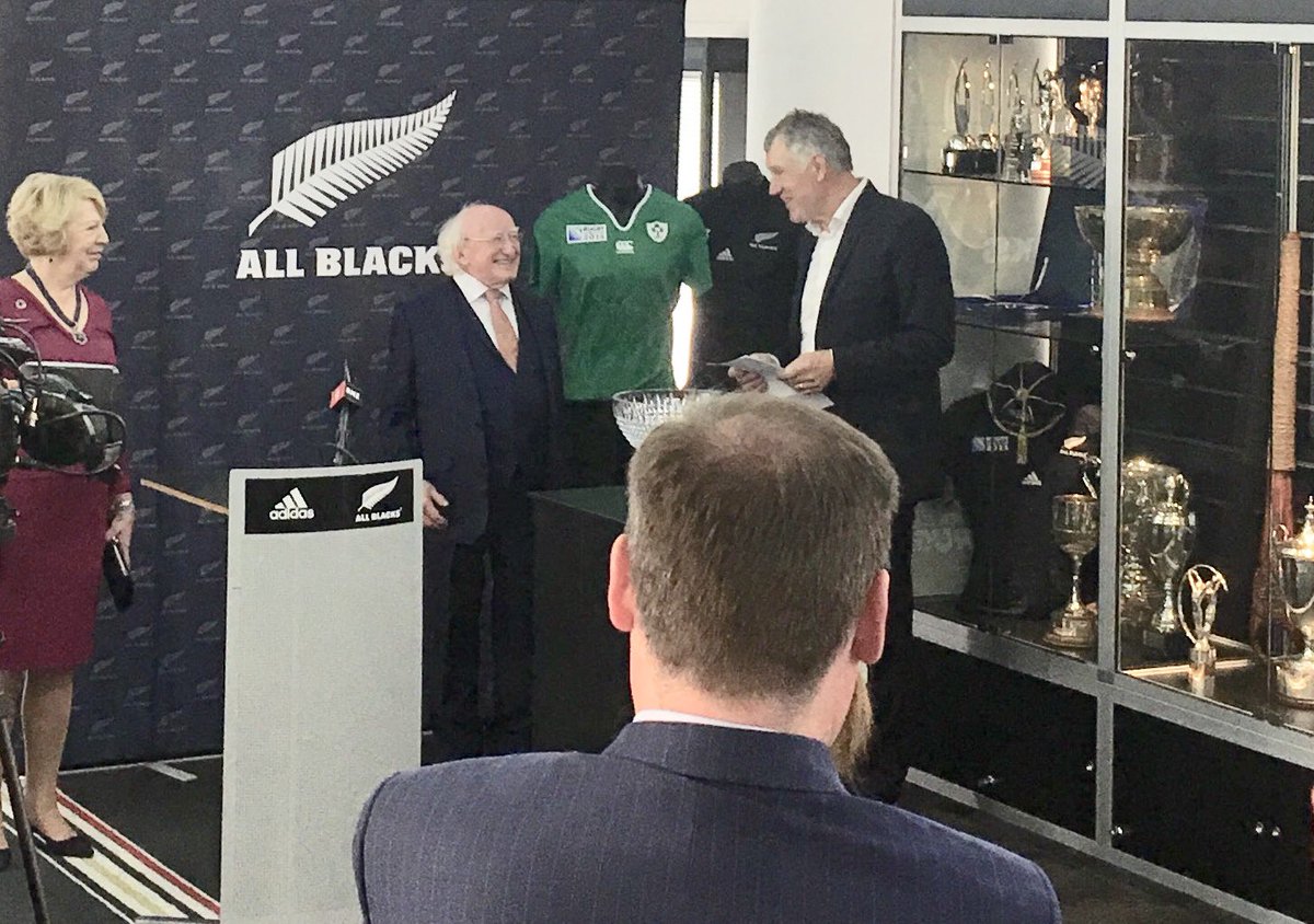 MFATNZ's tweet photo. Delighted @PresidentIRL &amp; Sabina visited @NZRugby to present gift in memory of Originals captain #DaveGallaher &amp; receive @AllBlacks jerseys! https://t.co/gpeWRFBvy0