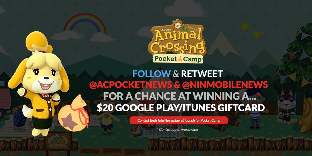 ACPocketNews's tweet photo. Follow &amp; RT @ACPocketNews for a chance at winning a $20 Google Play/iTunes Giftcard for the launch of Animal Crossing: Pocket Camp. https://t.co/uPYpSGy0Sc