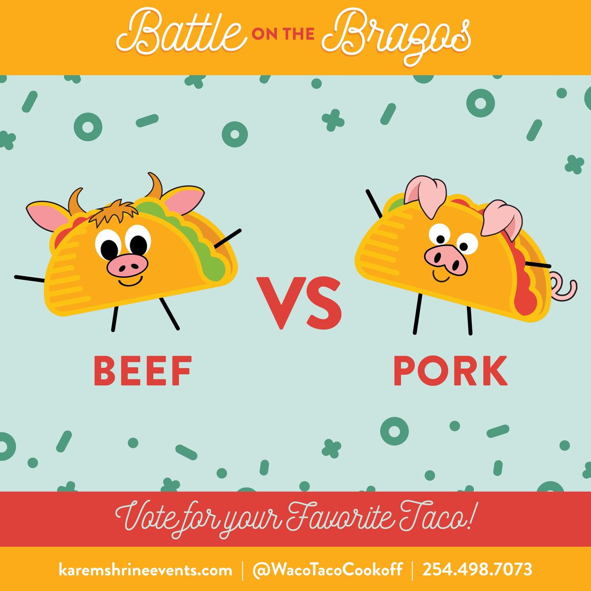 WacoTacoCookoff's tweet photo. There’s a battle going down on the farm! Beef vs. Pork? Who do you think would win in this head to head? Vote below! https://t.co/rFIg11sBJP