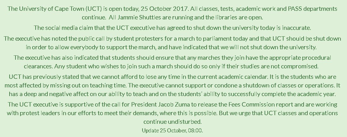 UCT_news's tweet photo. NOTICE: UCT is open today, 25 Oct. All classes, tests, academic &amp; PASS dep. work continue. Jammie Shuttles &amp; the libraries are operational. https://t.co/40LkPHdpIa