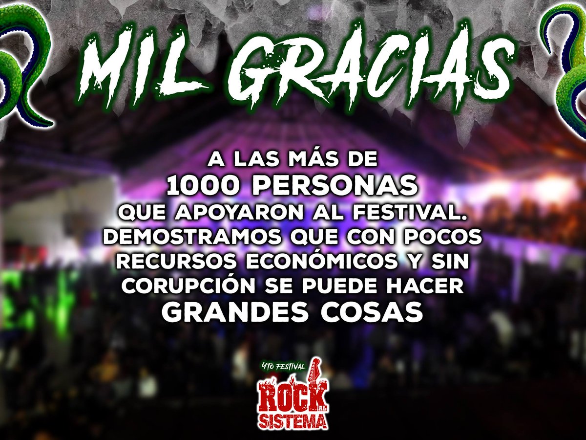 RockAlSistema's tweet photo. ¡ GRACIAS !
A los más de 1.000 asistentes que apoyaron nuestro festival
#CorrupciónUnTentáculoDelSistema
#RAS2017
#YoApoyoRockAlSistema https://t.co/qggvkEuDDp