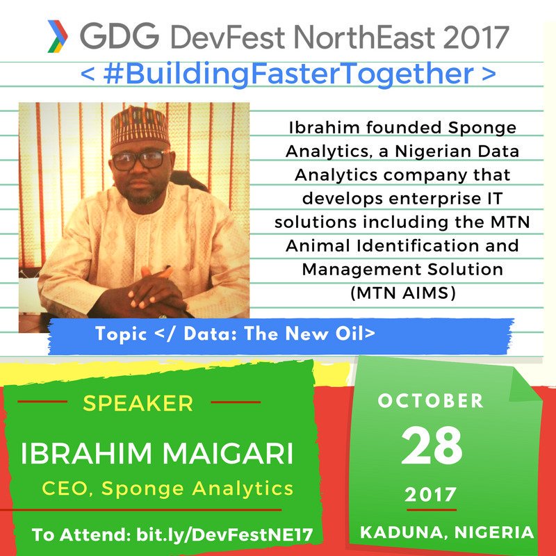 GDGKadunaCity's tweet photo. Learn how #BigData offers big opportunity for developers and tech entrepreneurs at #DevFestNE17 #buildingfastertogether @IbrahimMaigari1 https://t.co/0w0mI8FEaU