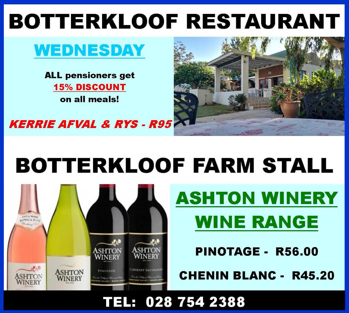 BotterkloofR's tweet photo. Come and enjoy the tranquility of #Botterkloof #Stilbaai while enjoying your favourite meals. Today we give 15% DISCOUNT to all pensioners. https://t.co/XIHOItVnSs