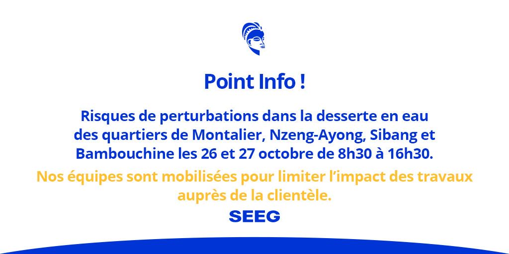 Veolia_Gabon's tweet photo. Des travaux de raccordement au #PK9 #Libreville affecteront l'alimentation en eau des quartiers indiqués le 26 &amp; 27/10 https://t.co/Xm1BHAnHHA