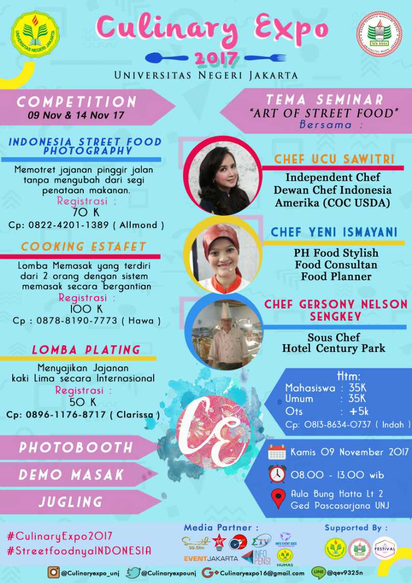 Culinary Expo UNJ |  Indonesian Food Street |  9 &amp; 14 November 2017 |  Seminar, Food Photography, Cooking etc |  Info : <a href="/Culinaryexpounj/">Culinary Expo UNJ</a>