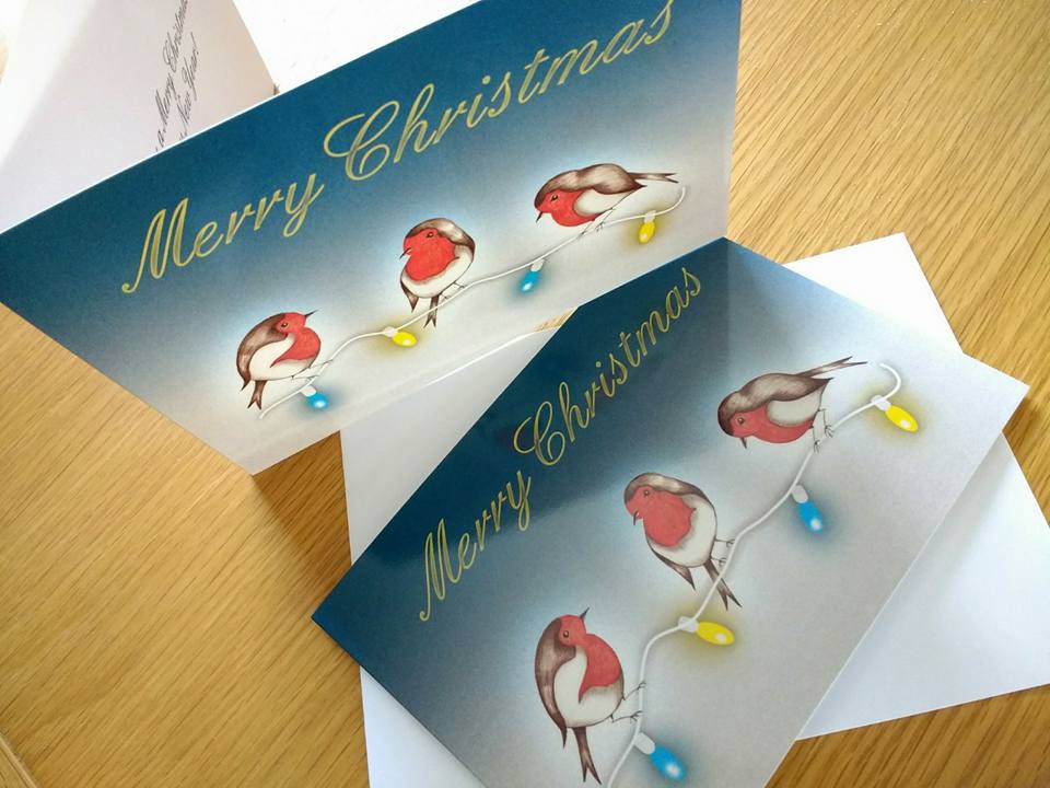 MissKarenBaker's tweet photo. I am delighted to have created this festive card in memory of my lovely Mum for #Straphaelshospice Three robins revisit. #karenbakerart https://t.co/729nyhifqk