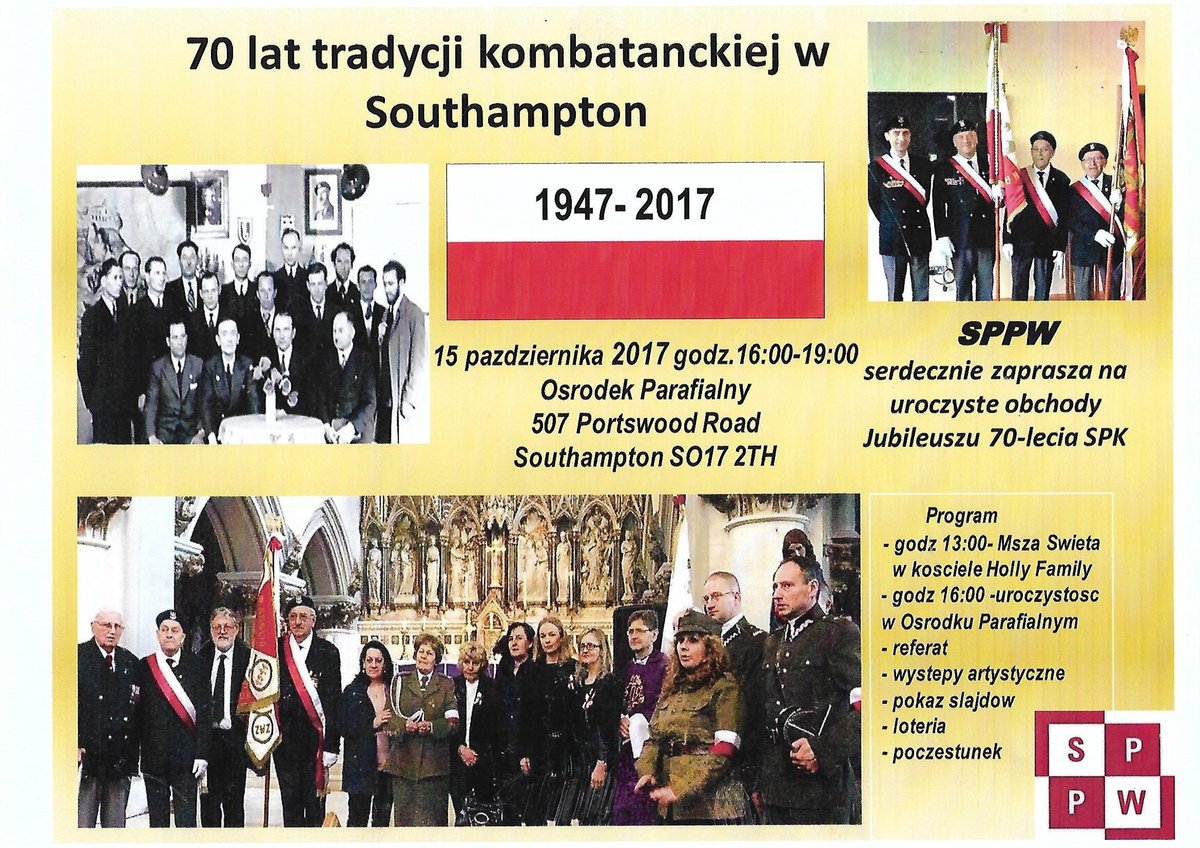 FidesEtLibertas's tweet photo. Wraz ze Stowarzyszeniem Przyjaciół Polskich Weteranów zapraszamy na uroczystości 70 lecia SPPW (daw. SPK) nr 309 do Southampton #SPPW https://t.co/LNFM2QObXG