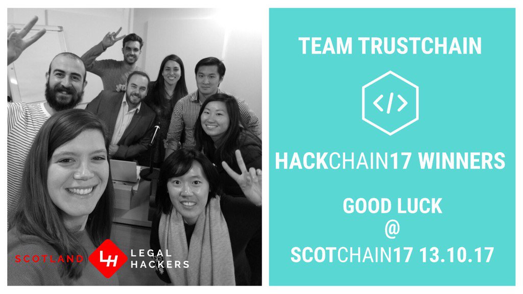 LegalHackersSco's tweet photo. Looking forward to team TrustChain pitching their #HackChain17 winning solution @ #ScotChain17 today! https://t.co/bTFuNAFjFj