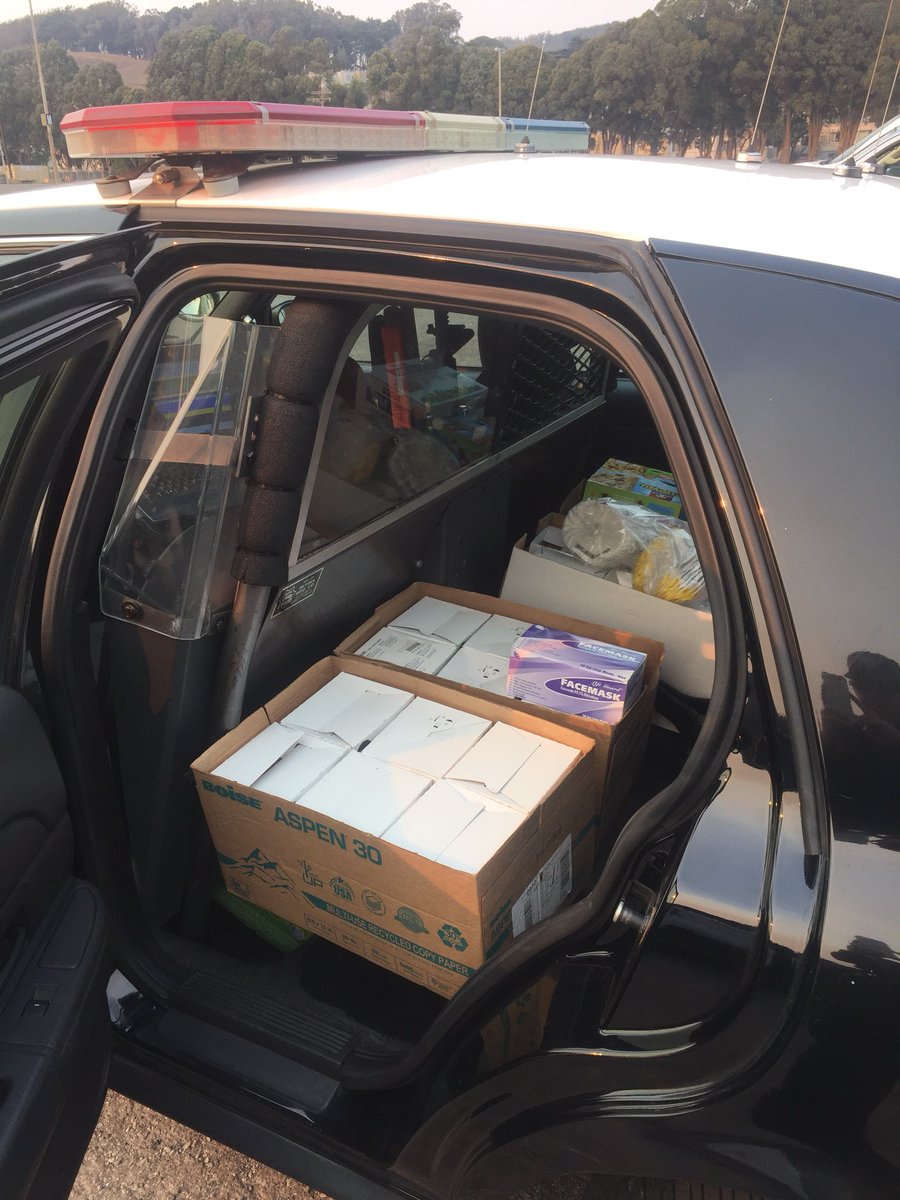 SroVogel's tweet photo. Thk u @carlmont_hs for the needed masks. Brought them up 2 #NapaFire 1st responders. I was on night road closures/patrol with @SMCProbation https://t.co/qfKzeKgqZR