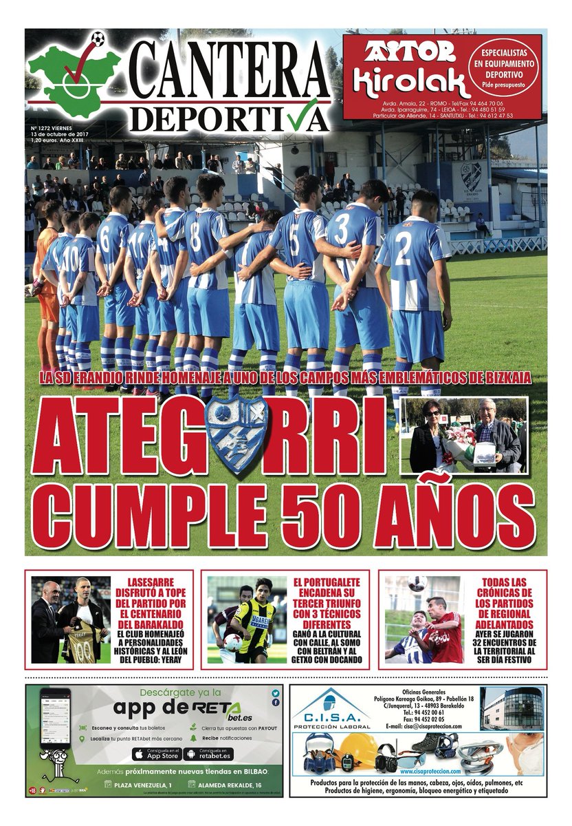 CanteraDeportiv's tweet photo. Esta es la portada de hoy viernes con el 50 aniversario de #Ategorri, campo del @SDErandioClub como tema central. No olvides comprarlo. RT https://t.co/ya8KnFwr5f