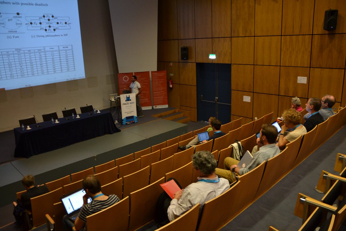 facs2017's tweet photo. The last day of #FACS2017 is starting with @MohamadJaber85 discussing Correctness-by-Learning of Infinite-State Component-based Systems. https://t.co/yiLtTGbUpx