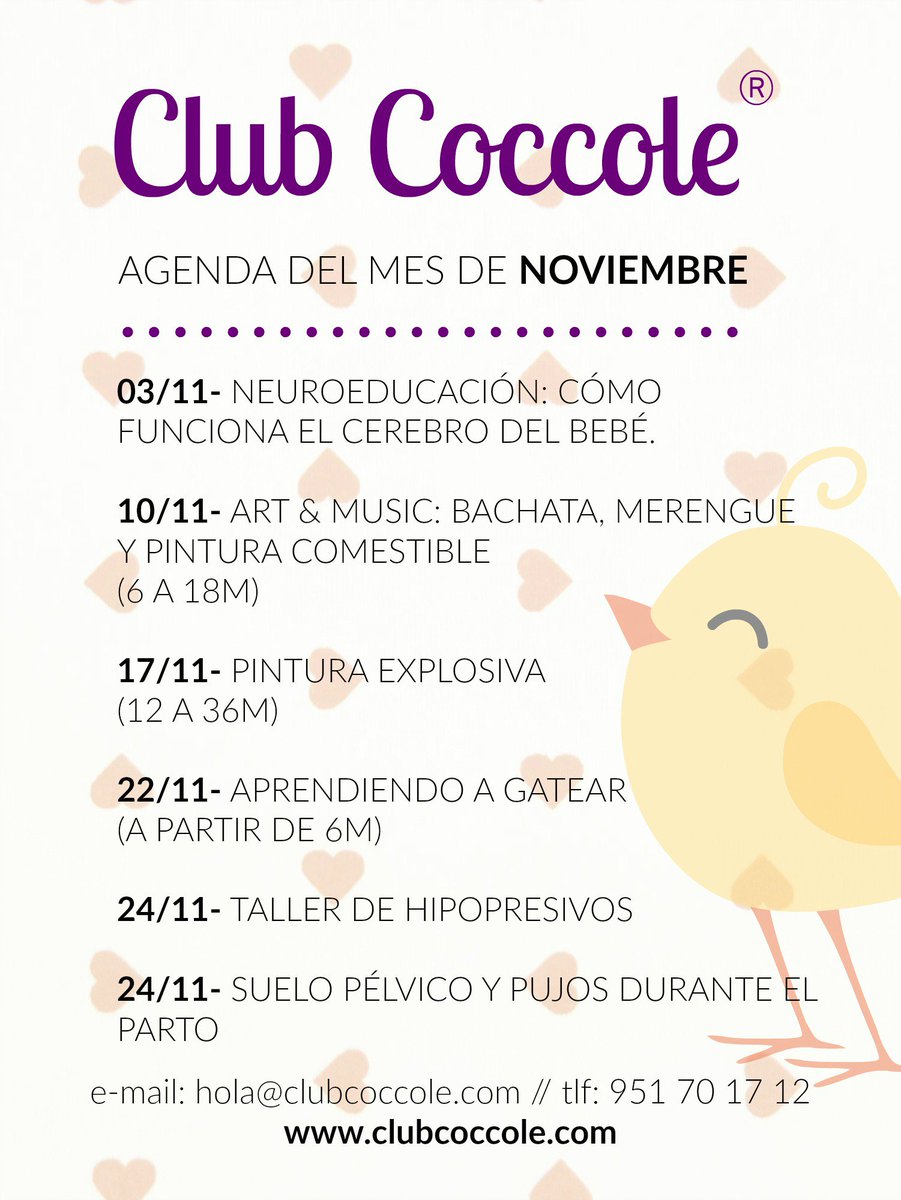 ClubCoccole's tweet photo. Ya está aquí la #PollitoAgenda de noviembre!! No pierdas tiempo y apúntante al taller que más te mole :) #bebés #Málaga #actividades https://t.co/PNBcZhO4lA