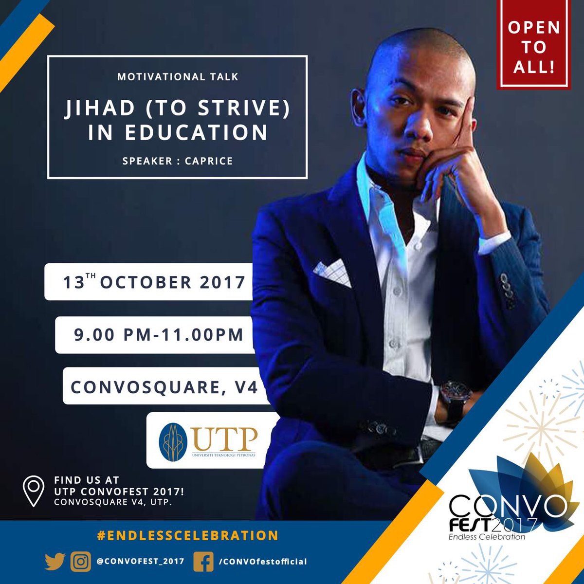 CONVOFEST_UTP's tweet photo. Caprice is at 9.00pm tonight!!!! Come and hear what Caprice is going to talk about tonight!!!
#ENDELESSCELEBRATION
#CONVOFEST2017 https://t.co/pjIlsD2FRC