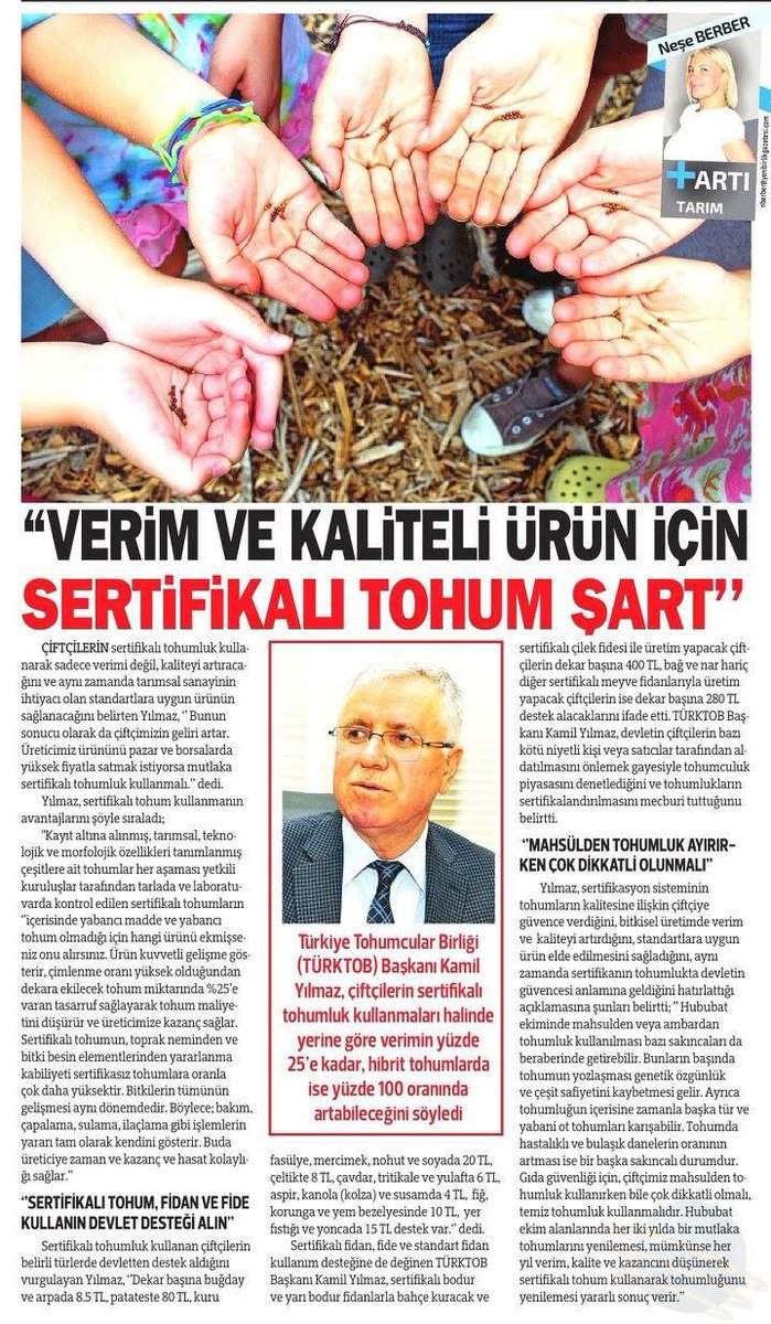 TÜRKTOB Başkanı Kamil Yılmaz'ın #sertifikalıtohum açıklamaları @nesebrb in özel haberiyle Yenibirlik Gazetesi'nde yayımlandı.