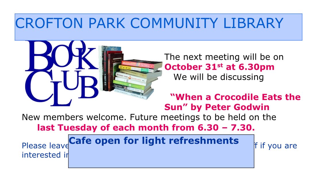 You might like to join our book club? 
Next book, Peter Godwin, “When a Crocodile Eats the Sun”
6.30pm
31st Oct
#bookclub #BlackHistoryMonth