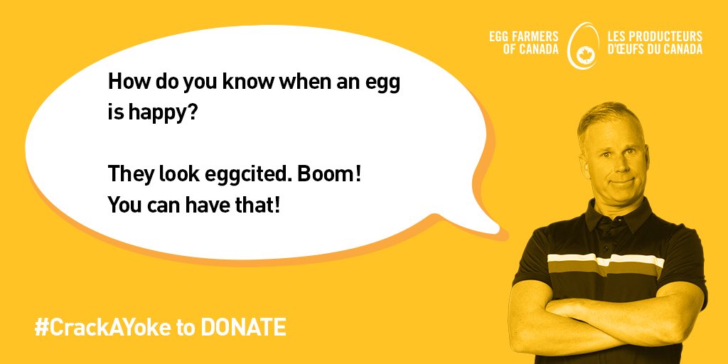 gerrydee's tweet image. What’s your best egg joke? @eggsoeufs is donating $1 to @BreakfastCanada for each joke shared using #CrackAYoke