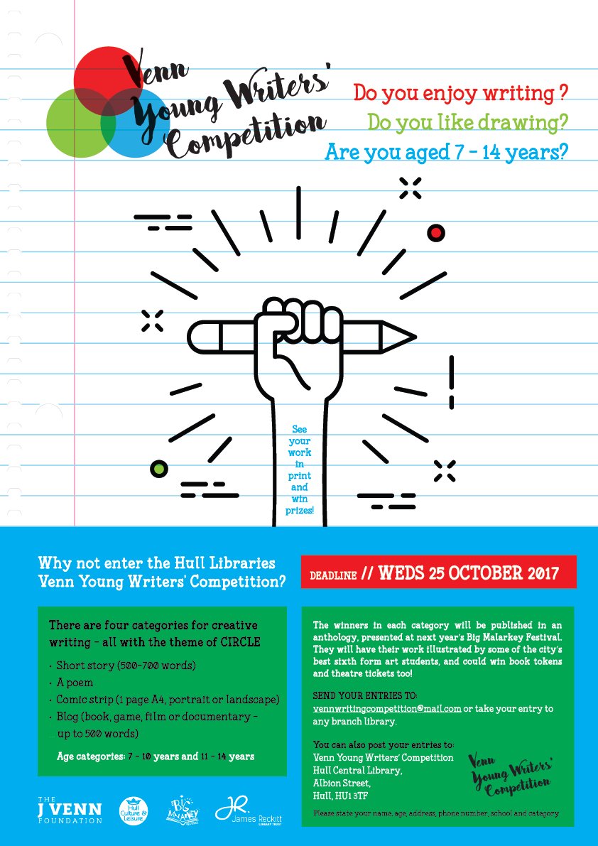 jrlthull's tweet photo. The J Venn Foundation, @hull_libraries & #JRLT are looking for young writers aged 7-14yrs. Deadline: Weds 25 Oct - https://t.co/1BtzEbGsku https://t.co/wy1XbNXBPT