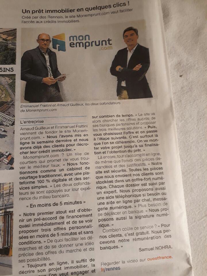 arnaud_guilleux's tweet photo. Article sur #monemprunt ce matin dans Ouest France #startup #credits https://t.co/Z6zPgb7AXa