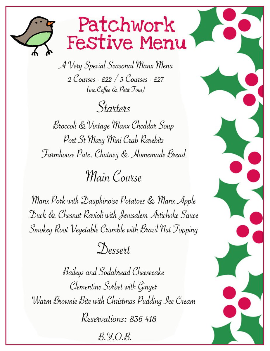 PatchworkCafe's tweet photo. Happy Friday everyone - here's our festive menu for evenings in December. Enquiries on (01624) 836418 https://t.co/sUr9GHSltq