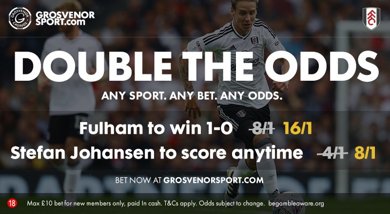 FulhamFC's tweet photo. 💷 @grosvenorcasino are offering Double the Odds for new customers on today’s match 🤞🏻

T&amp;Cs apply 👉🏻 https://t.co/8sfz1tzCbX https://t.co/3AixSAP6tF