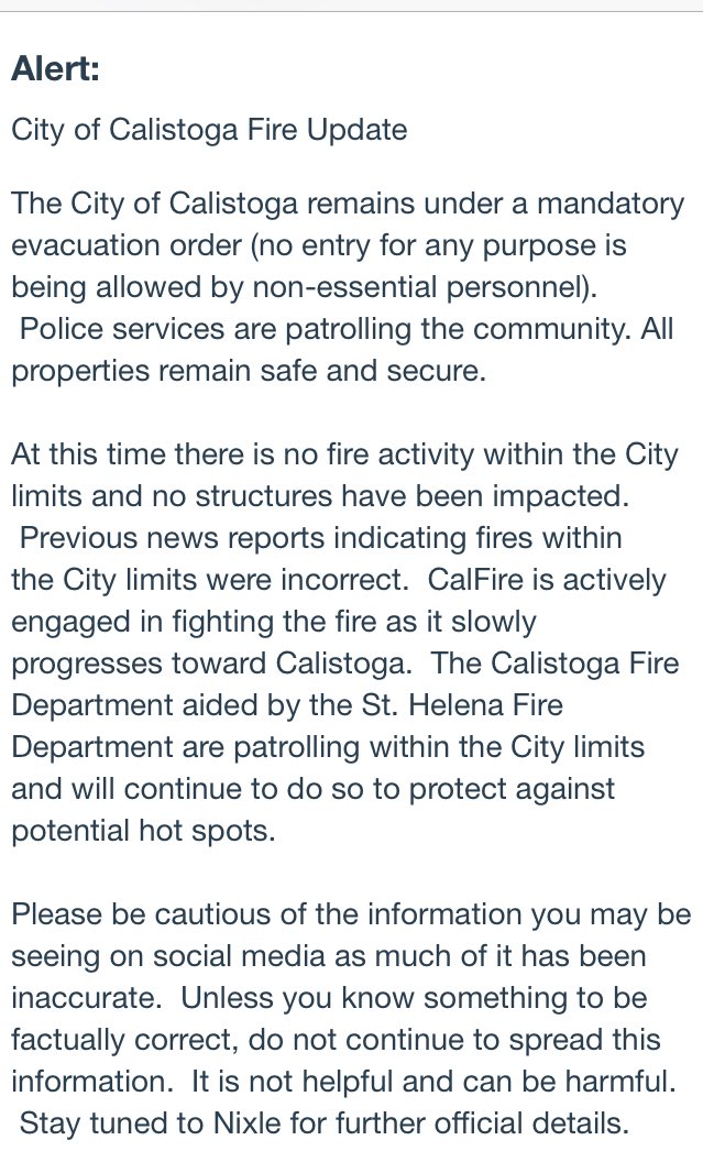 MattKellerABC7's tweet photo. Calistoga remains under a mandatory evacuation order. Mayor- "Your presence in Calistoga is not welcome if you're not a 1st responder." https://t.co/aADhRDSBSK