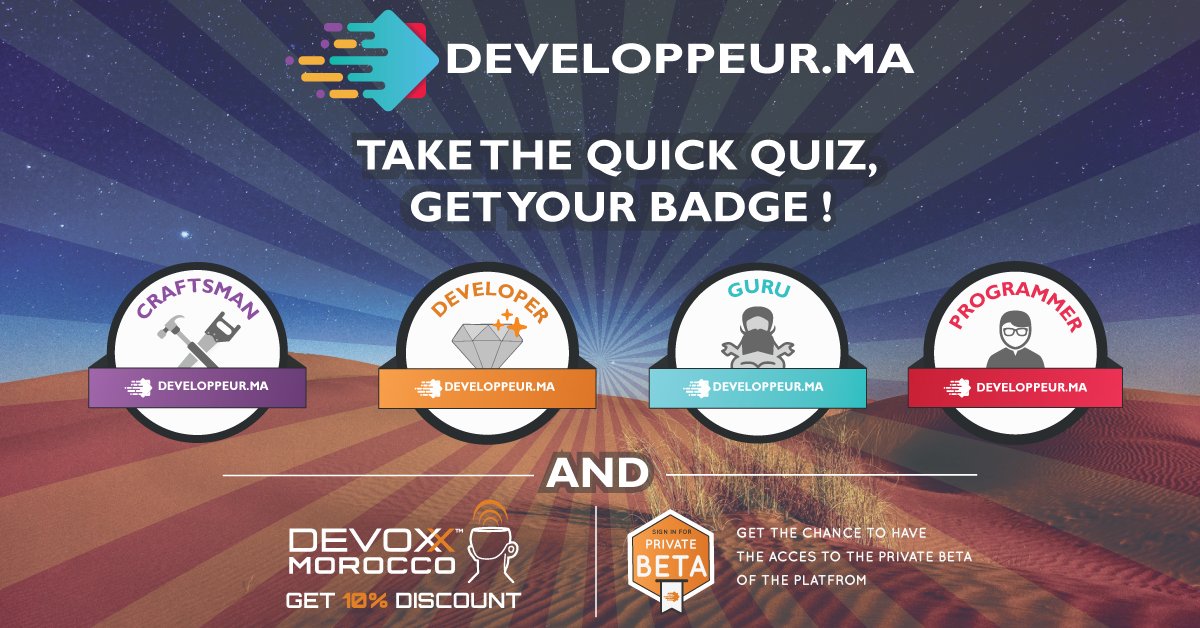 DeveloppeurMa's tweet photo. Want to know if you are a Programmer🥉, Developer 🥈, Craftsman 🥇or Guru 🏅? Take the #DevMA quick quiz @ https://t.co/B7gBGzbjSy https://t.co/tPZhZsERRw