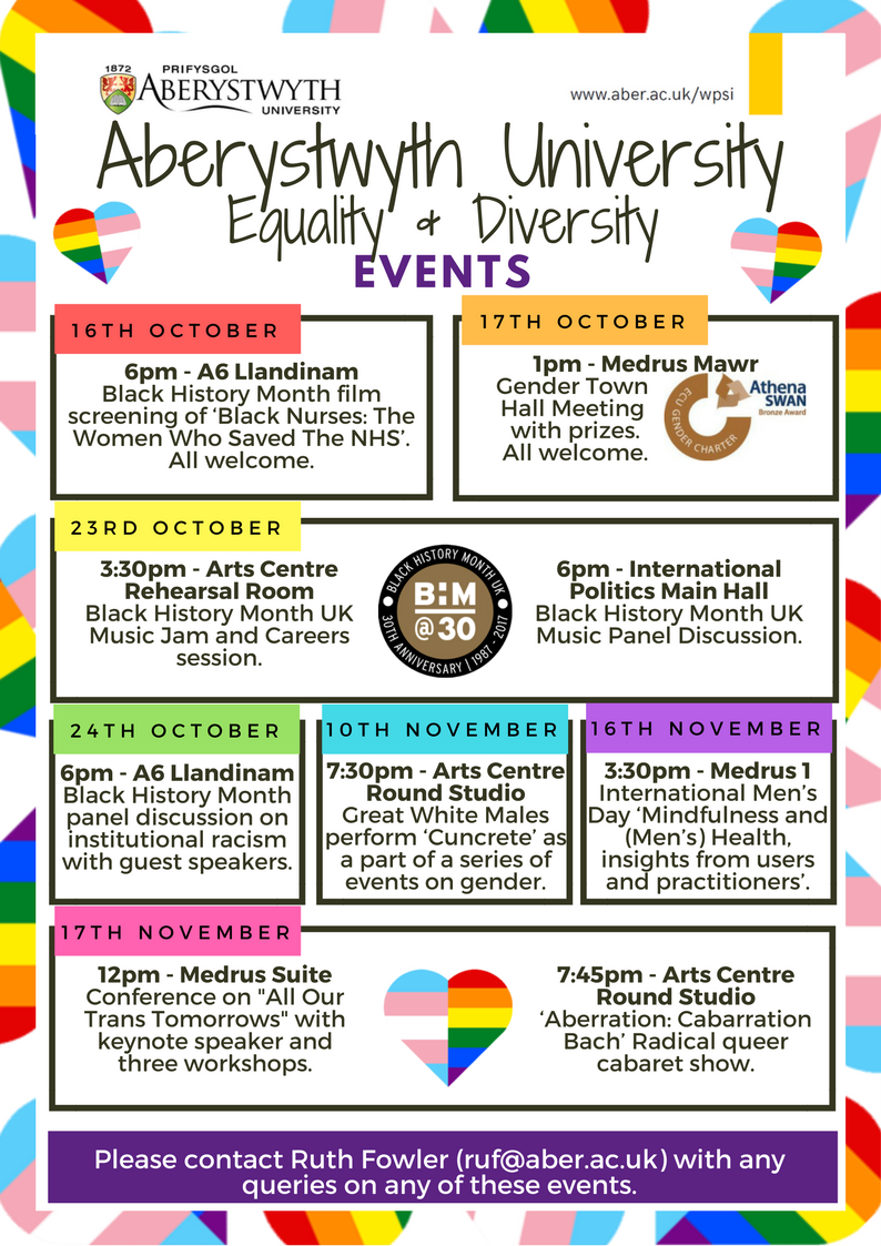Lots of Equality and Diversity events coming up over the next few weeks here at <a href="/AberUni/">Aberystwyth University</a> from the Equality Team.#BHM #LGBTQ #gender