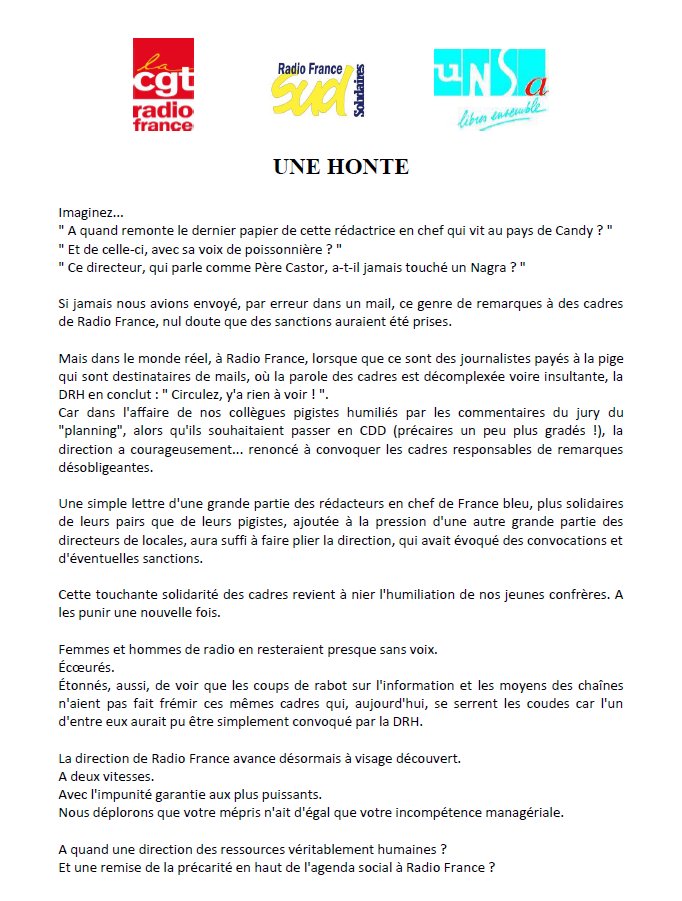 Une Honte! #Tchoupigate:  les reds-chefs ont eu raison des pigistes
Dernier tract de <a href="/SUD_radiofrance/">SUD RadioFrance</a> <a href="/CGT_RadioFrance/">CGT_RadioFrance</a> et <a href="/Unsa_RF/">Unsa Radio France</a>