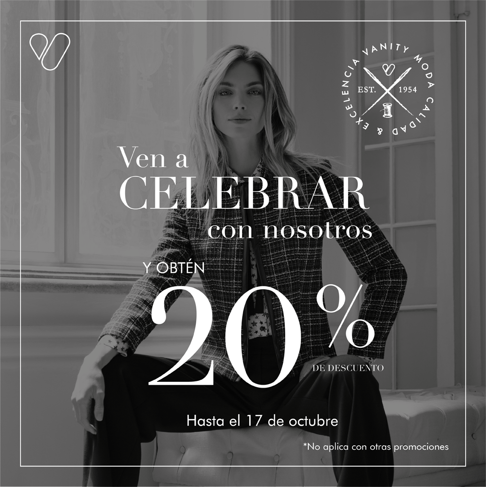 GrupoVanity's tweet photo. GRAN VENTA DE ANIVERSARIO.
Compra en línea o visítanos y obtén 20% de descuento en toda la tienda.
Celebra con nosotros #soyvanity. https://t.co/gc8kKIhhAV