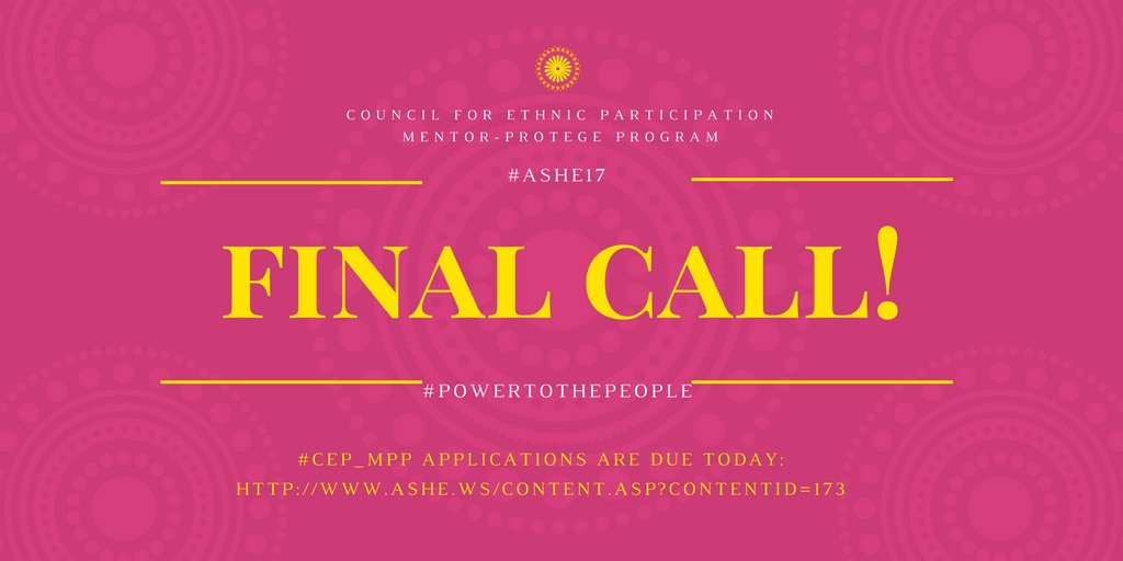 KrysLWilliams's tweet photo. Mentor & Protege apps are due TODAY!! #ASHE17 #CEP_MPP @ASHEoffice @ashegrads @AERADiv_J @AERADivJGradNet
https://t.co/y1V0X8tSY0 https://t.co/EpHnMoIXz8