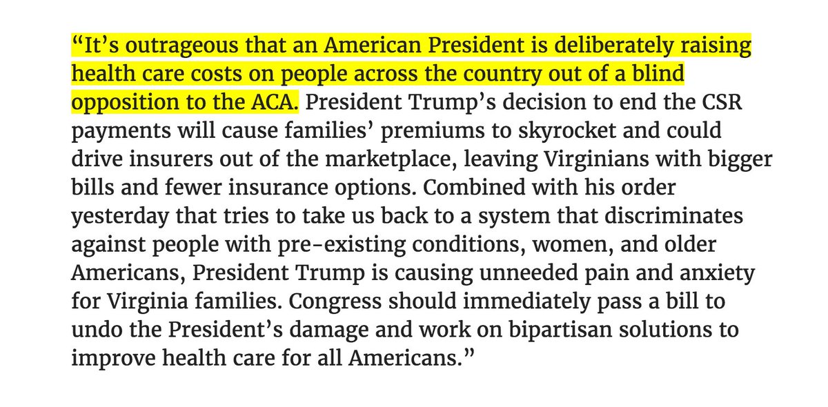 timkaine's tweet photo. It's outrageous that POTUS is deliberately raising Americans' health care costs out of a blind opposition to the ACA. Read my statement: https://t.co/Xg6AWoyLOB