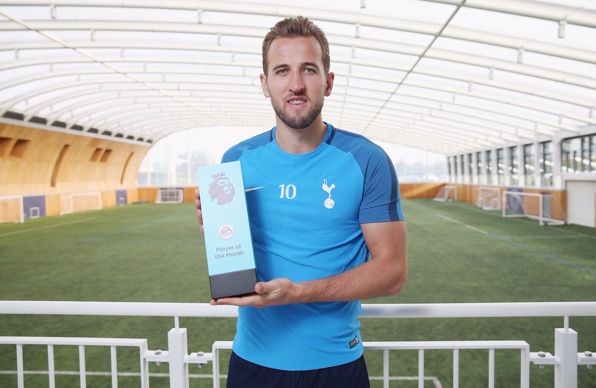 HKane's tweet photo. Great to win the player of the month award but couldn't do it without the rest of the boys. Hoping for more of the same in October. 💥⚽ #COYS https://t.co/LQzKEOy8as
