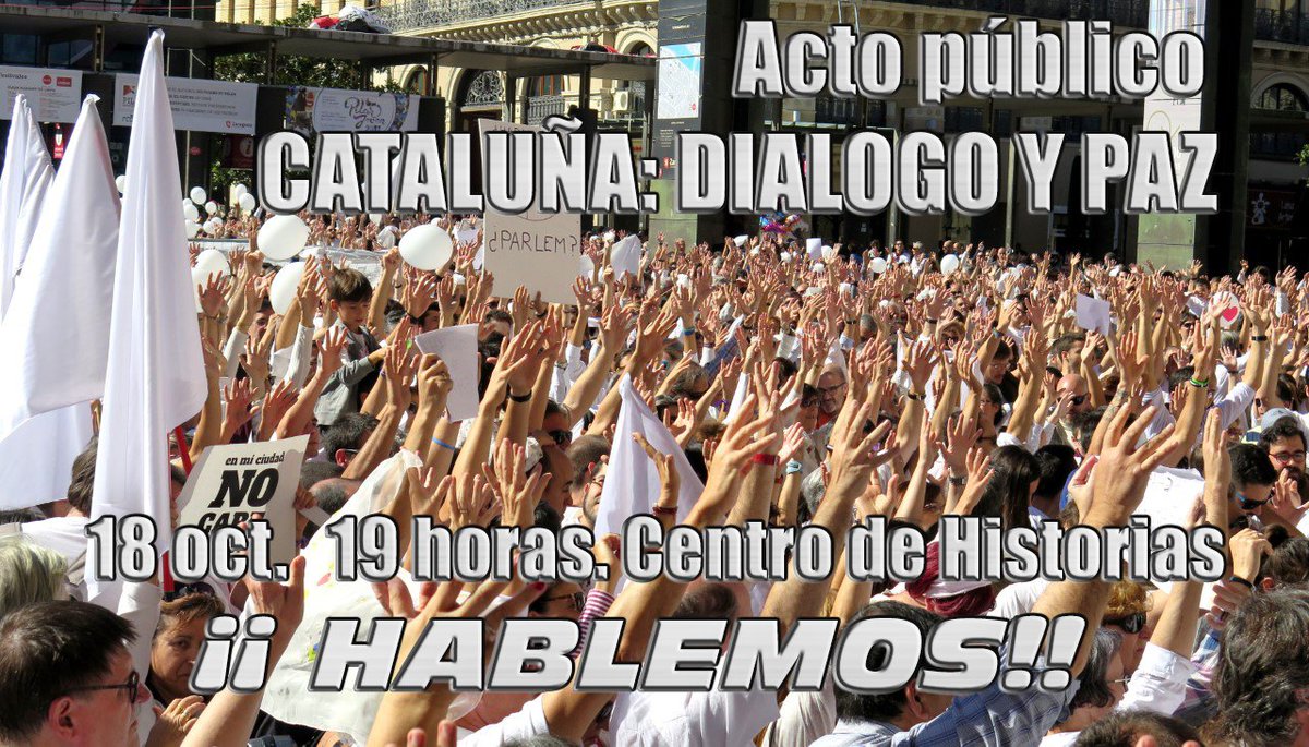 PodemosZaragoza's tweet photo. #QueremosDialogar para, entre todas, proponer una solución al 'conflicto' en Cataluña. Os animamos a acudir a este acto el día 18. https://t.co/WTSM9BsHCI
