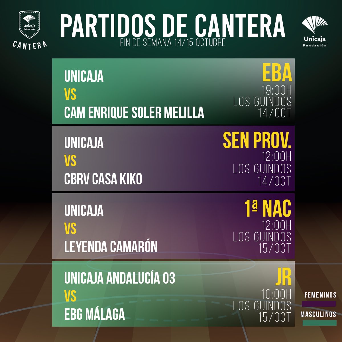 CanteraUnicajaC's tweet photo. 📅 Fin de semana apasionante con los partidos de nuestros equipos
💚💜💪🏻 Mención especial al debut del Senior Femenino en 1a Nacional https://t.co/FEmYST0O2B