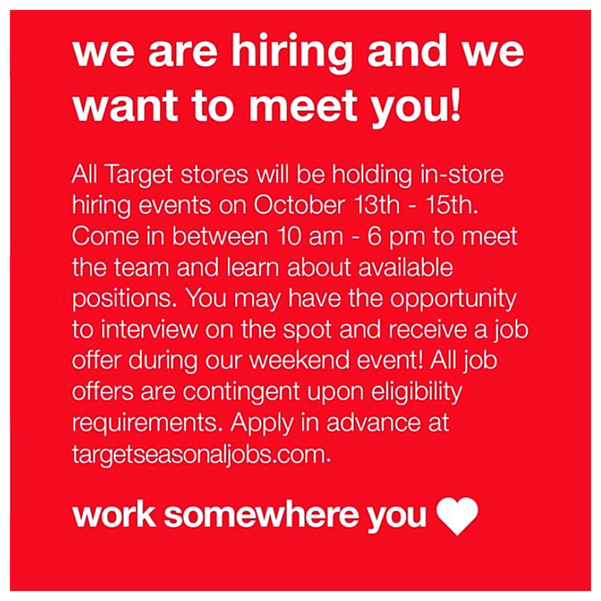 The <a href="/Target/">Target</a> seasonal hiring event kicks off today! 👏🏼G298, let's do this! Can't wait to meet all the new talent. #worksomewhereyou❤️