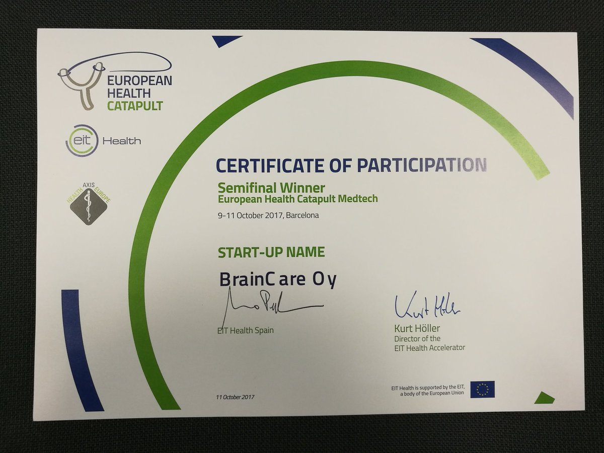 Congratulations <a href="/braincare_oy/">BrainCare Oy</a> Semifinal Winner in European Health Catapult Medtech! 👍 <a href="/HealthHubTre/">Health Hub Tampere</a> #TampereiCapital