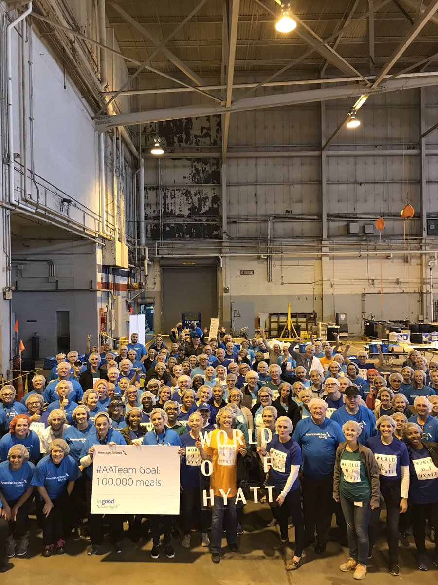 WhitKel's tweet photo. Proud of Hyatt &amp; the #AATeam for teaming up yesterday! Together, we packed over 53k meals for victims of Hurricane Maria. #WorldOfHyatt https://t.co/ElVgKna3LF