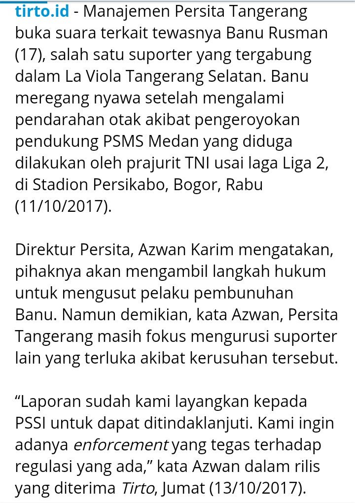 SayaMUNU's tweet photo. #KilasreformPSSI
Manajemen @PersitaOfficial akan tempuh langkah hukum atas tewasnya Banu Rusman. 
| via @TirtoID 
#RIPBANU https://t.co/3eN6sV3I7p