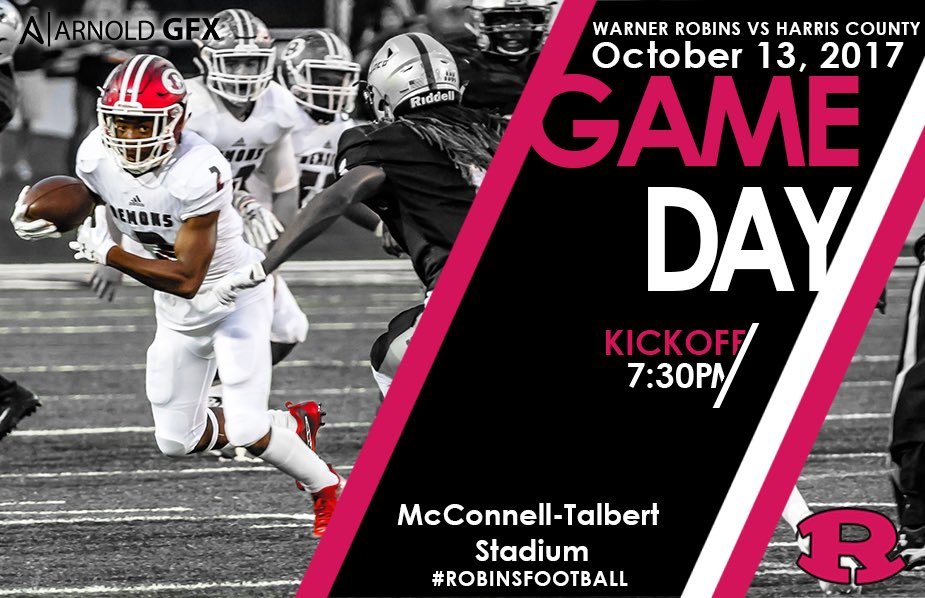 robinsfootball1's tweet photo. Wake Up Demon Country - It’s #GameDay! Pink Out the MAC! Don’t miss out!!#HappyFriday13th #BeatHarrisCounty #RobinsFootball https://t.co/bs7VMvgL2L