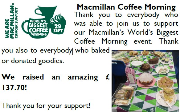 R_S_Wood's tweet photo. @macmillancoffee #MacmillanCoffeeSpread Our coffee morning and 'take some cake for tea' end of day stall raised £137.70 @R_S_Wood https://t.co/HubgE9JwVv