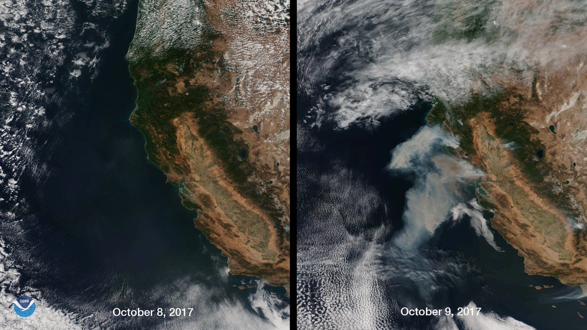 NOAASatellites's tweet photo. Lethal #CaliforniaWildfires ignited and spread quickly. Satellite imagery captures change over just one day. Images: https://t.co/eRJpPpx698 https://t.co/LGa9XGHZ0u
