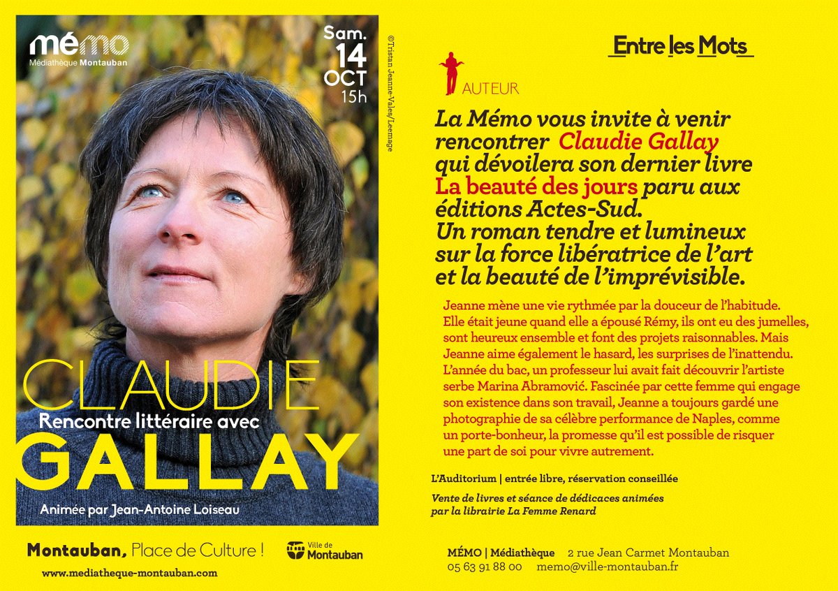 Sam 14 octobre RV à la #MEMO pour la rencontre avec Claudie Gallay
<a href="/ActesSud/">Actes Sud</a> 
#librairie #Montauban
ow.ly/C8nw30fQVlF