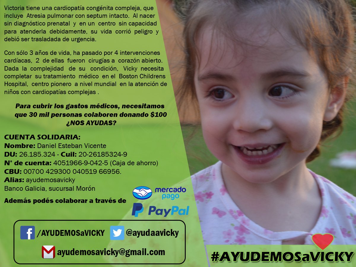 ayudaavicky's tweet photo. #AYUDEMOSaVICKY necesitamos 20mil💚que donen $100 para que pueda ser operada en Boston. 
DONAR x MercadoPago > https://t.co/bCb1QjPQlN  
🙏RT! https://t.co/XCUncetFtc