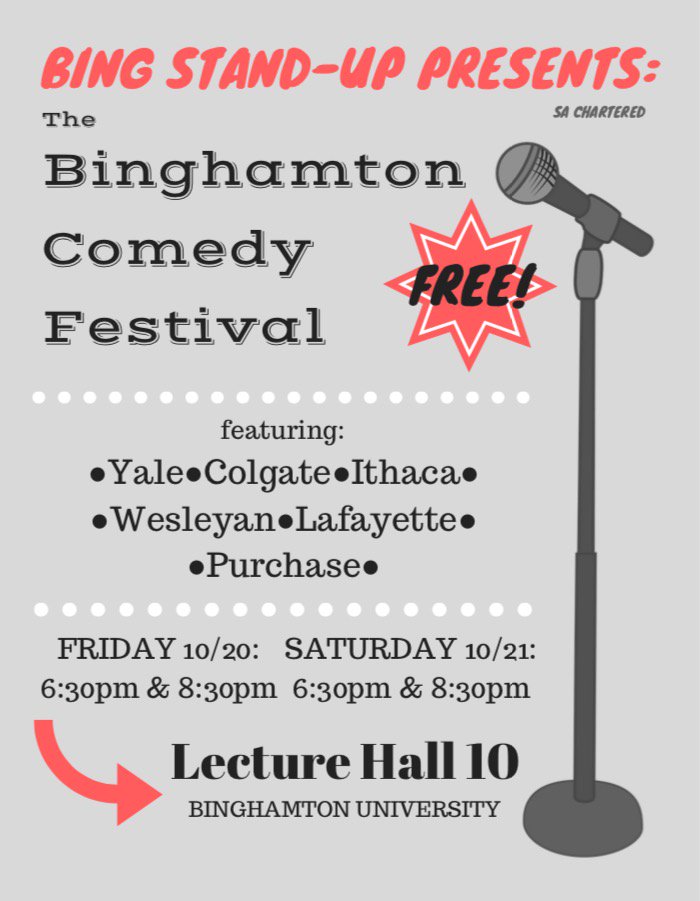 BingStandUp_'s tweet photo. One week away until our first ever COMEDY FESTIVAL! Featuring college standups from Yale, Colgate, Ithaca, Wesleyan, Lafayette, and Purchase https://t.co/PWghILlaiC