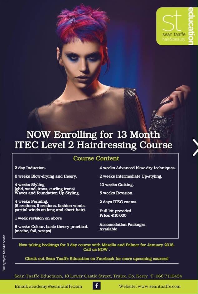 SeanTaaffeHair's tweet photo. Full Time 13month ITEC level 2 Hairdressing Course starting in Sean Taaffe Education in January? #TaaffeStyle #HairTraining #LoveTralee https://t.co/ezMWN2ICYi