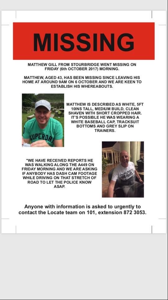 Please check this poster regarding missing Stourbridge man Matthew Gill. Anyone with info can contact Locate team on 101 ext 8723053. Pls RT