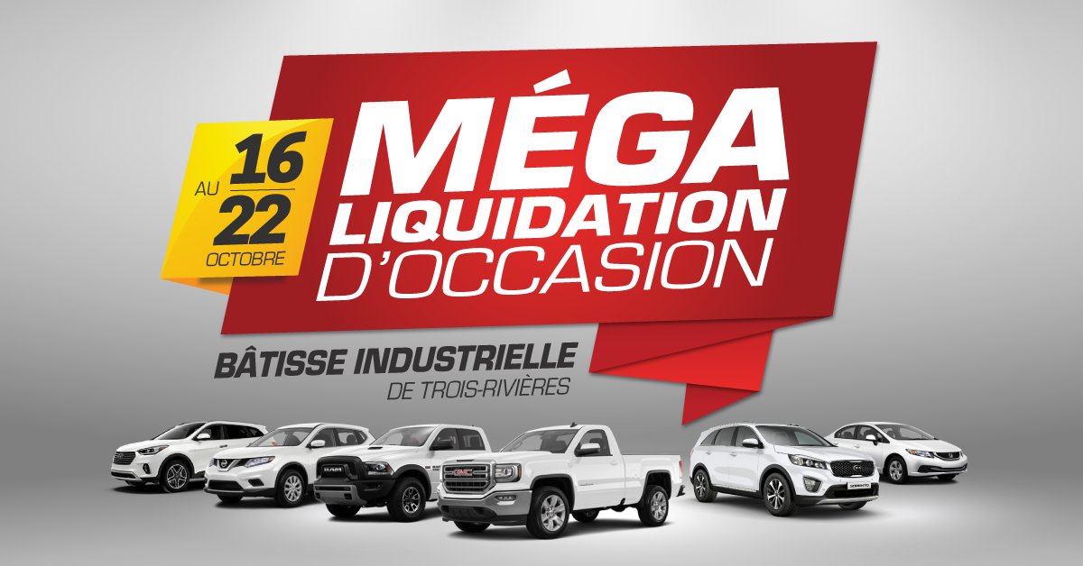 Leprixdugros's tweet photo. MÉGA #LIQUIDATION d'#occasion du 16 au 22 octobre à la bâtisse industrielle de #Trois-Rivières. Plus de 1500 véhicules. #TR #LePrixduGros https://t.co/BfoS8I2oZc