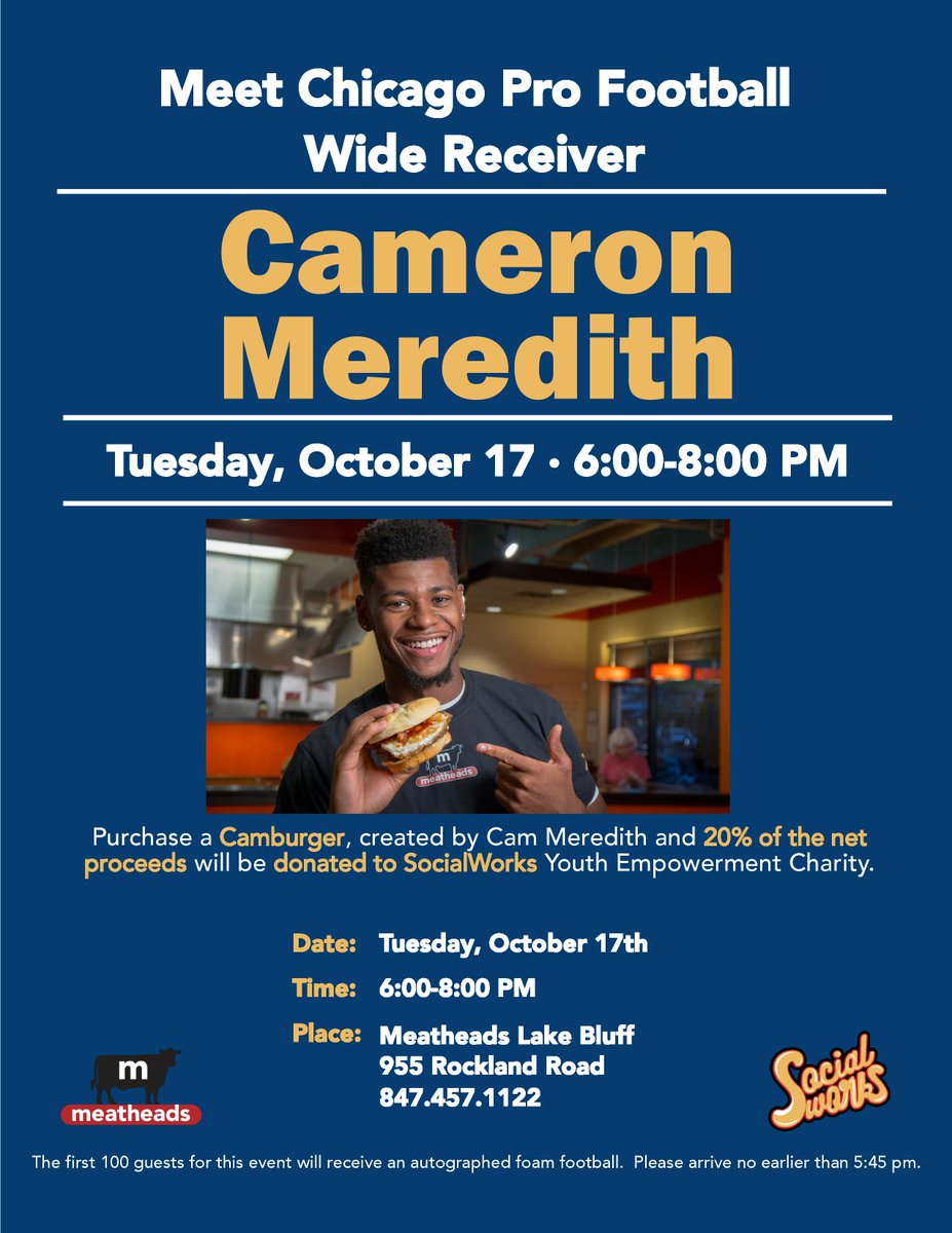 EatAt_Meatheads's tweet photo. Meet & Greet with #CameronMeredith Tuesday October 17 at #Meatheads in #LakeBluff! @Cam_I_Am81 https://t.co/NH0kfuOlJg https://t.co/YfbG3uO5Qz