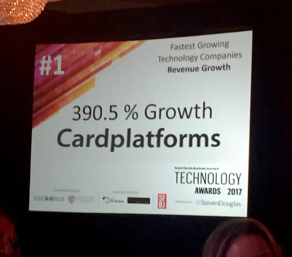 Cardplatforms (@cardplatforms) on Twitter photo Wow! Very honored to be #1 on the Fastest Growing Tech Companies list. Thank you to the <a href="/SFBJNews/">South Florida Business Journal</a> for a wonderful night. #sfbjtech #payments Wow! Very honored to be #1 on the Fastest Growing Tech Companies list. Thank you to the <a href="/SFBJNews/">South Florida Business Journal</a> for a wonderful night. #sfbjtech #payments