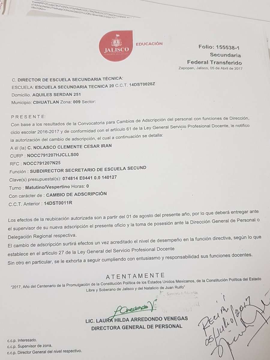 cinccesarnol's tweet photo. d @HILDAARREDONDO Mi RFC NOCC791207N25 y cel3411151568. Me entregaron nombramiento en 14DST0011R Y tengo cambio de adscripción a 14DST0020Z https://t.co/69ccHD3bHx
